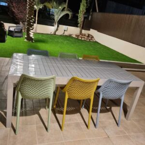 שולחן עופרי צבע אפור/שמפניה / לבן 2 מטר ל3.2 + 6 כסאות לואי פלסטיק