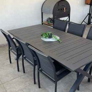 שולחן דגם איקס צבע אפור נפתח לגינה 2.16 נפתח ל 2.97 + 6 כסאות אלומיניום