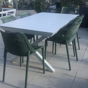 שולחן דגם איקס צבע לבן נפתח לגינה 1.72 נפתח ל2.43 + 6 כסאות לואי במגוון צבעים